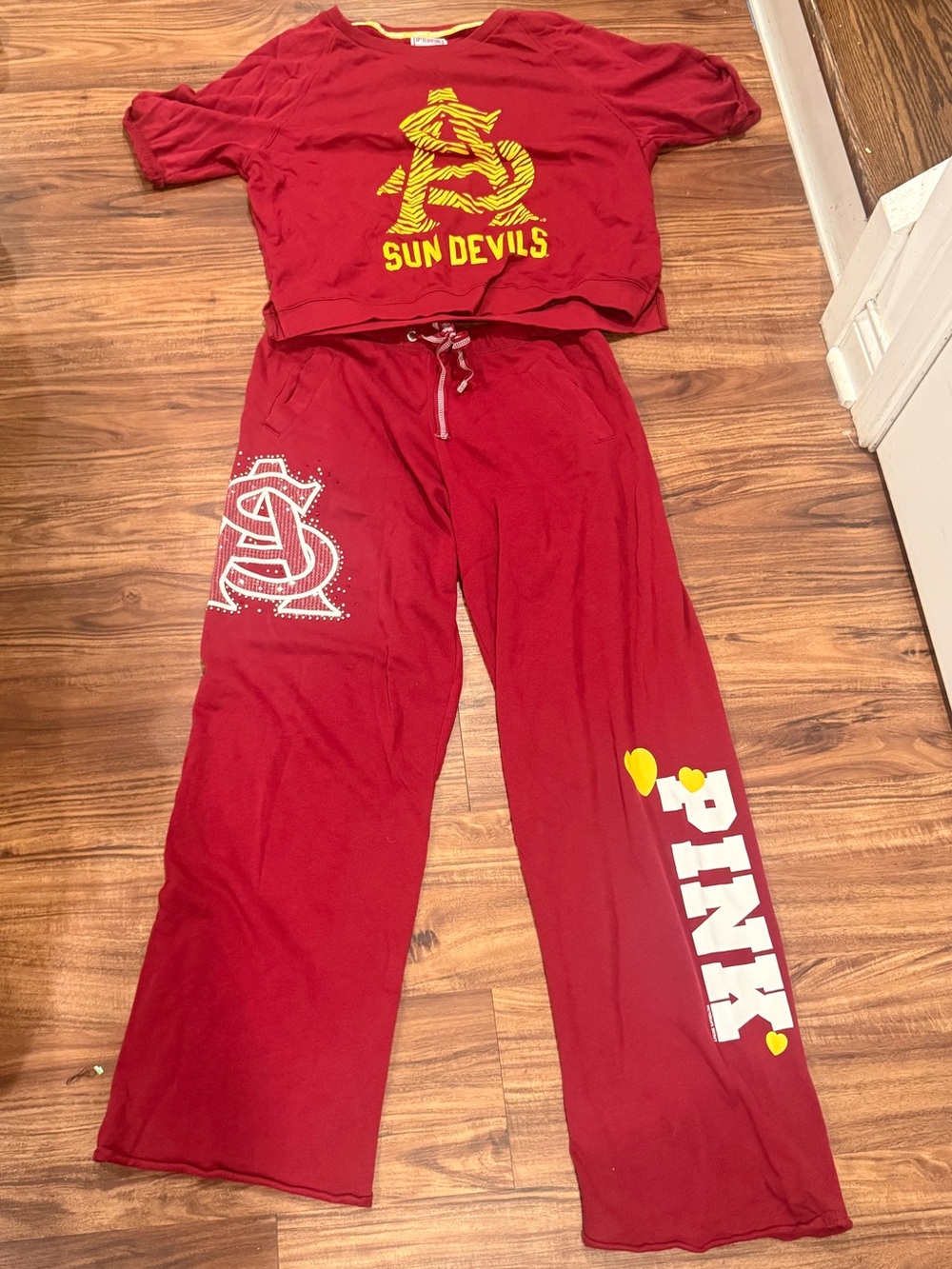 Y2K VS PINK Fifth Ocean ASU Sun Devils Lounge Set Maroon Rhinestone Bling